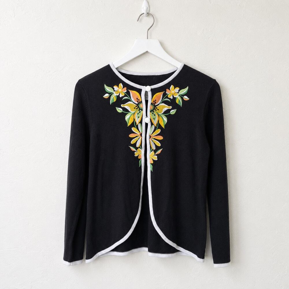 Vintage Art Teacher Bob Mackie Black Floral Embroidered Cardigan S